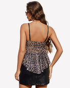 Leopard mesh cami bralette top with spaghetti straps, ruffle hem, back view