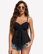 Black mesh cami bralette top with spaghetti straps, bow front and ruffle hem