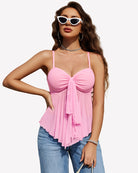 Pink mesh cami bralette top with spaghetti straps, bow front and ruffle hem