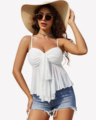 White mesh cami bralette top with spaghetti straps and bow tie front