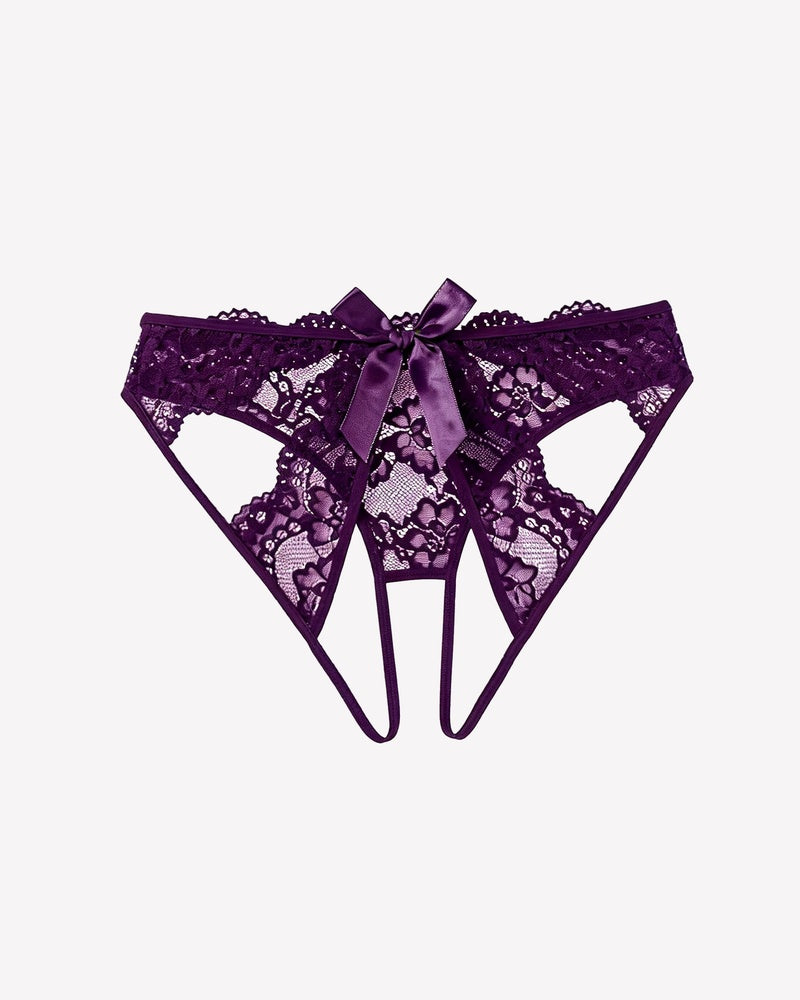 Purple lace cutout cheeky panty with bow back and straps