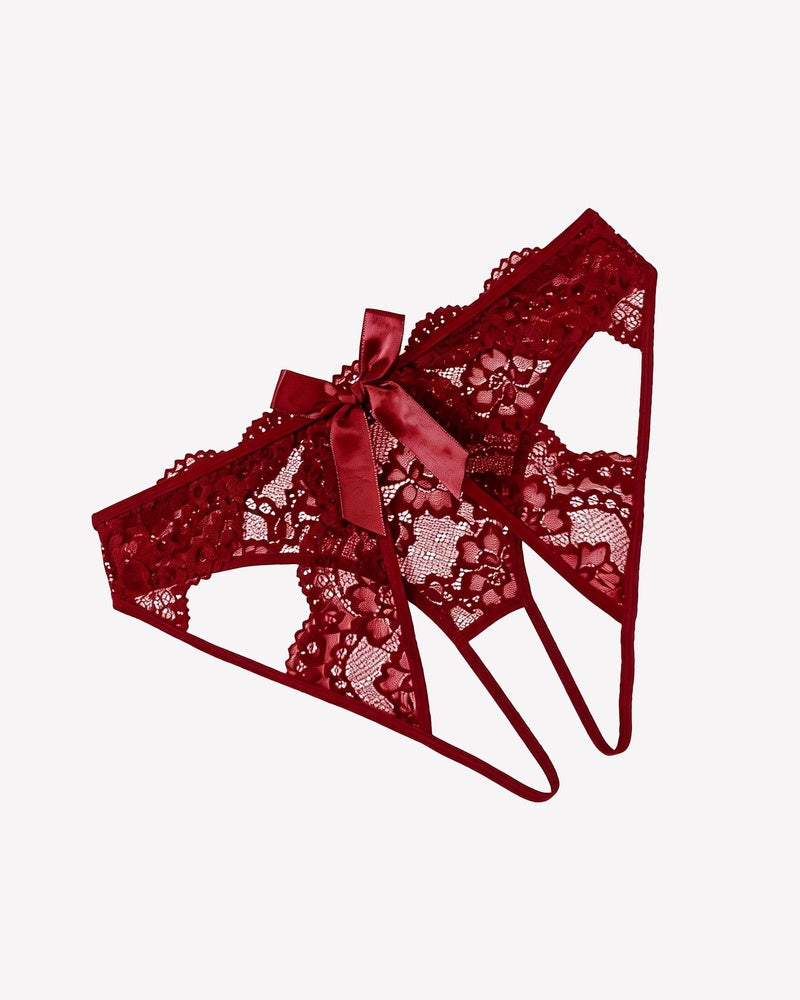 Burgundy lace cutout cheeky panty with bow back and straps