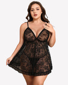 Black lace babydoll chemise with V-neck and sheer lace pattern