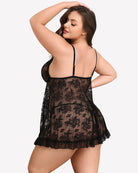 Black lace babydoll chemise shown from back with narrow straps