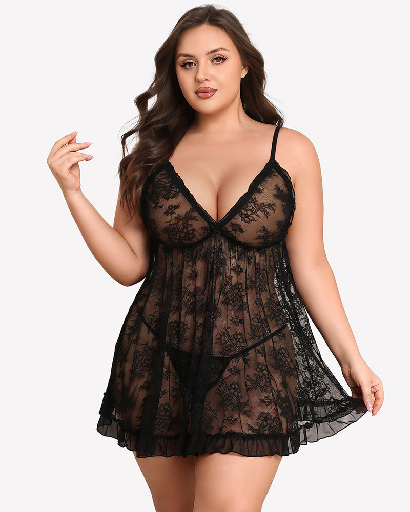 Black lace babydoll chemise with lace bodice and V-neck scallops