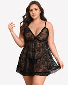 Black lace babydoll chemise with lace bodice and V-neck scallops