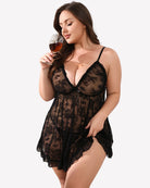 Black lace babydoll chemise with V-neck straps and sheer skirt