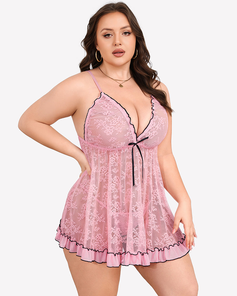 Plus size lace babydoll chemise with tie-front, V-neck, scalloped lace trim