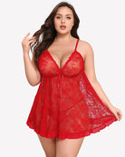 Red lace babydoll nightgown with V-neck cups, adjustable straps, ruffled scalloped hem