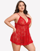 Red lace babydoll chemise with V-neck and scalloped hem