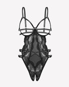 Black lace cut-out teddy bodysuit with strappy underwire cups and garter accents