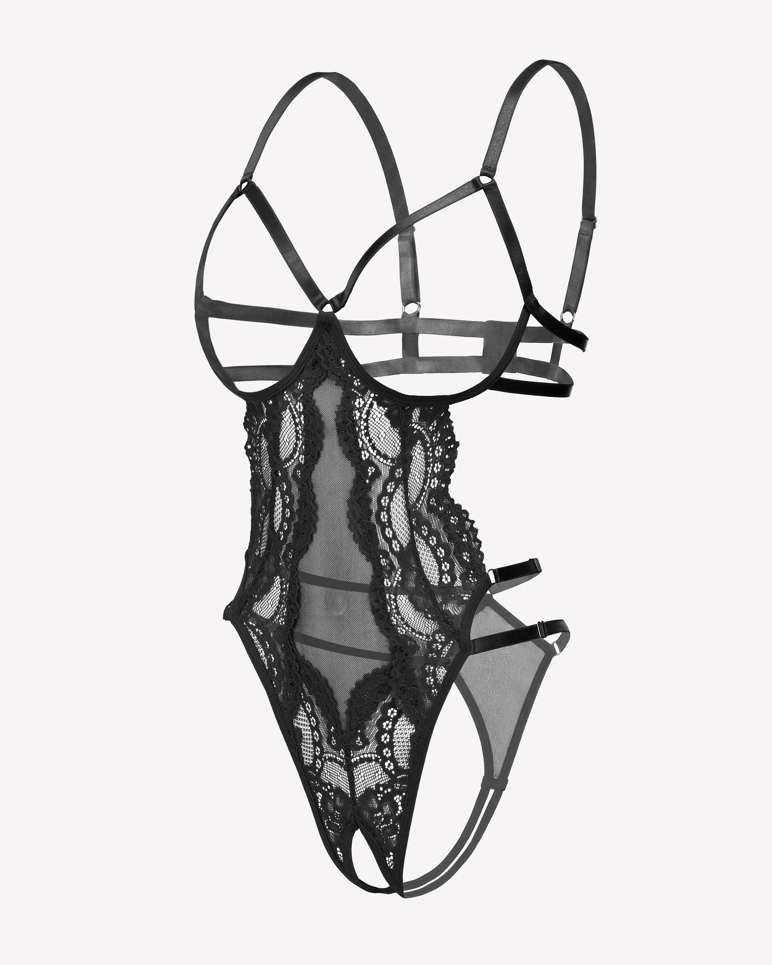 Black strappy lace teddy bodysuit with cut-out sides and loop garter details