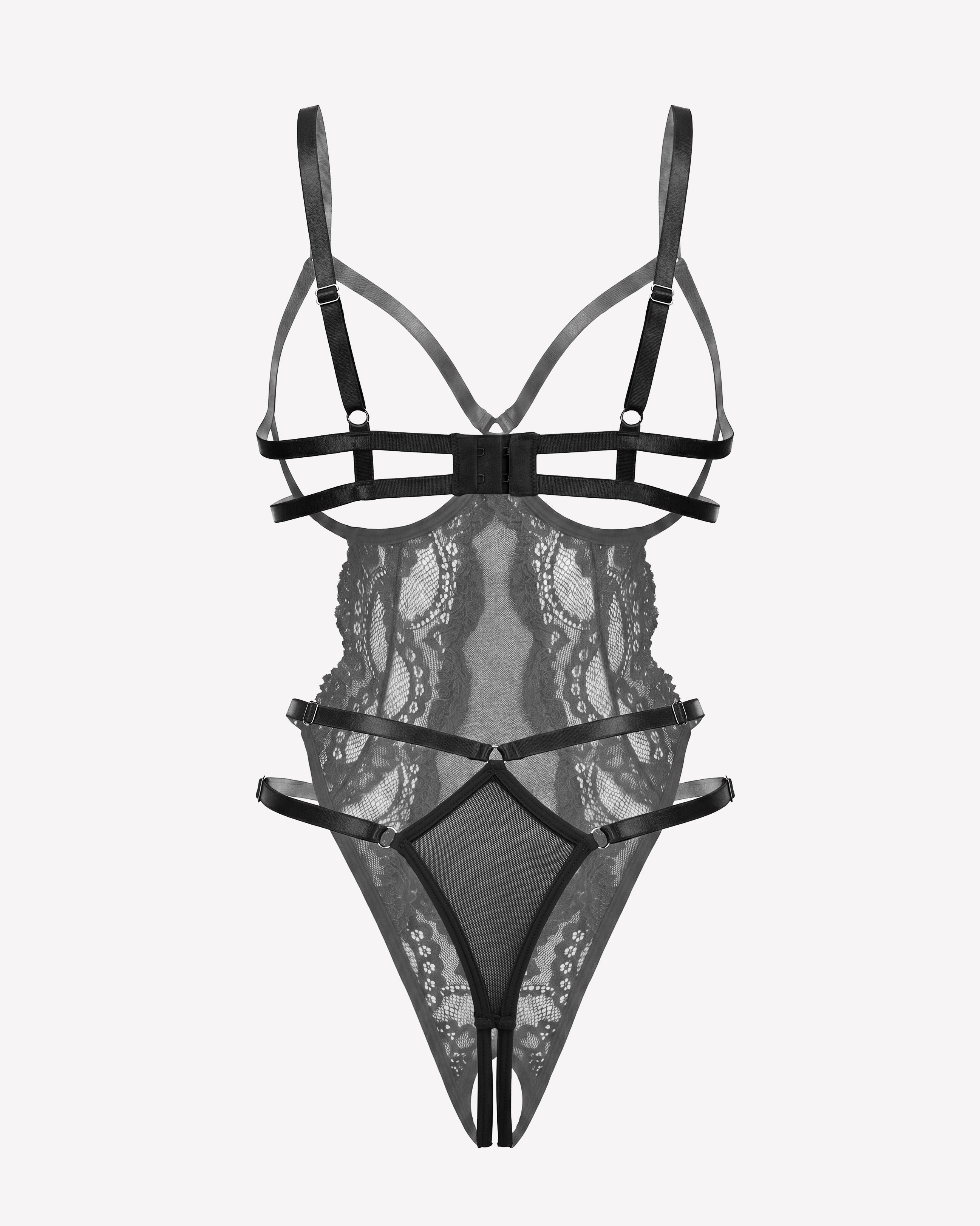 Black lace teddy bodysuit with strappy front, cut-out midsection, and garter straps