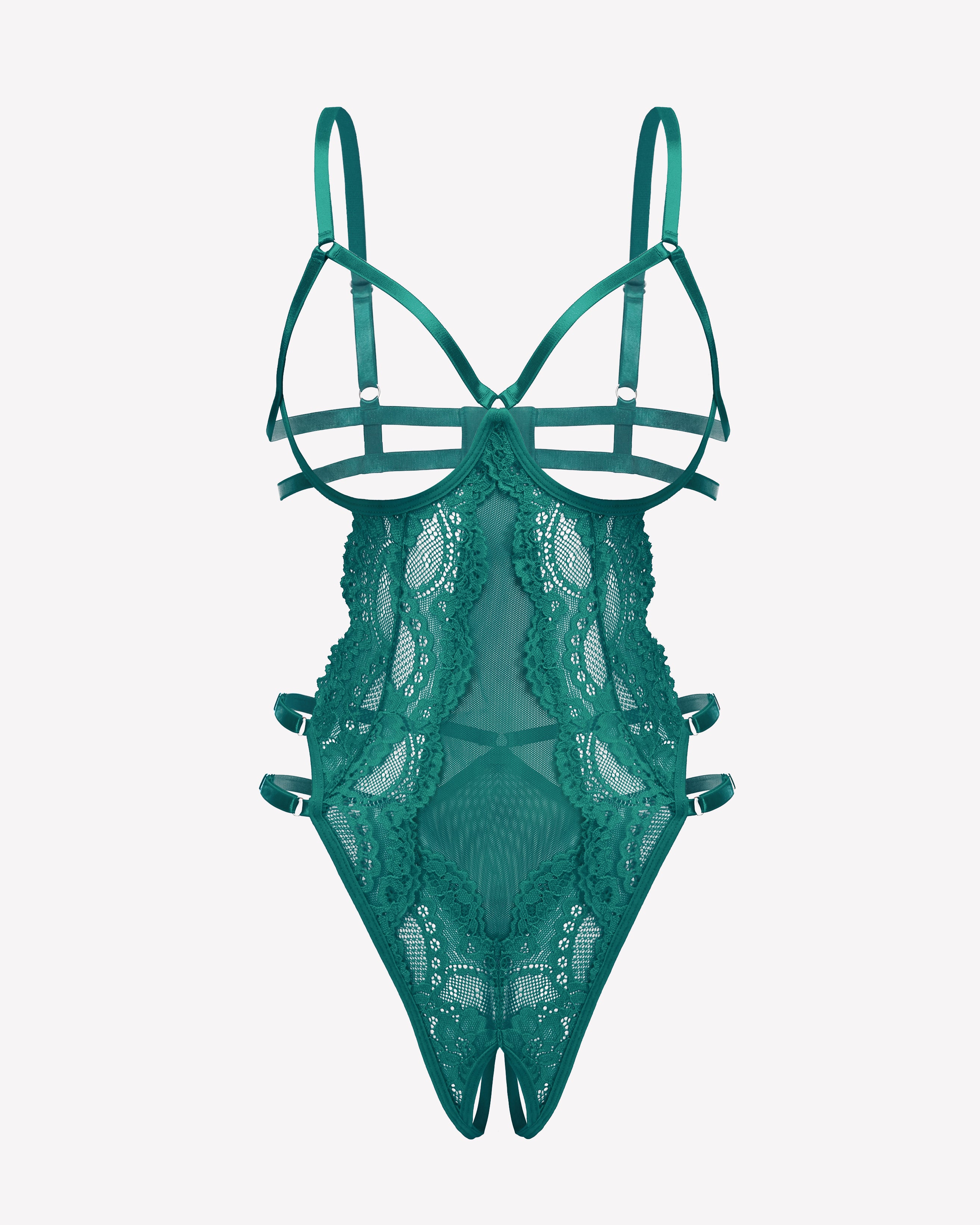 Green lace teddy bodysuit with strappy cups, cut-out center, and garter-style bands