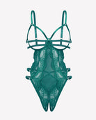 Green lace teddy bodysuit with strappy cups, cut-out center, and garter-style bands