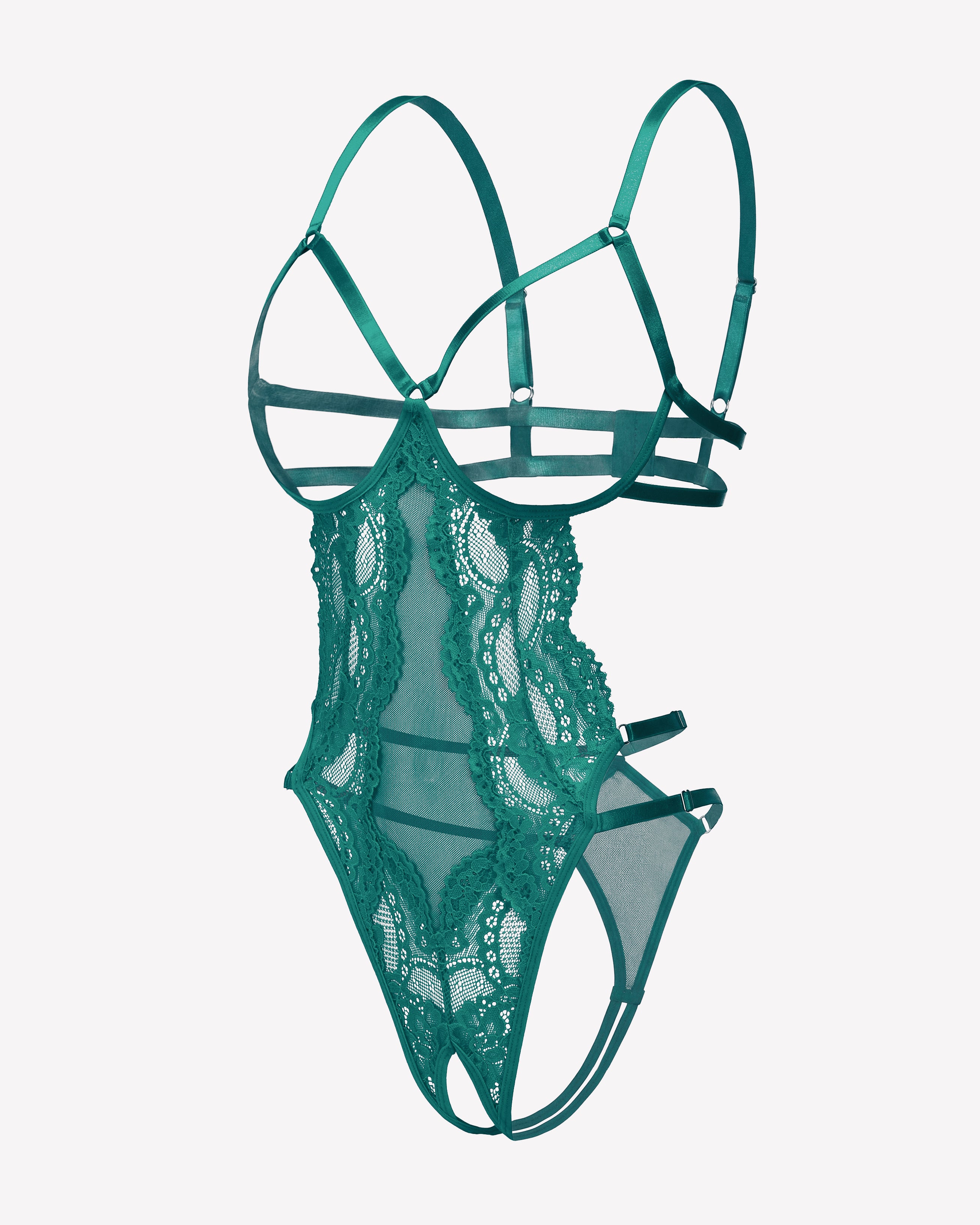 Green lace strappy cut-out teddy bodysuit with underwire-style bust straps