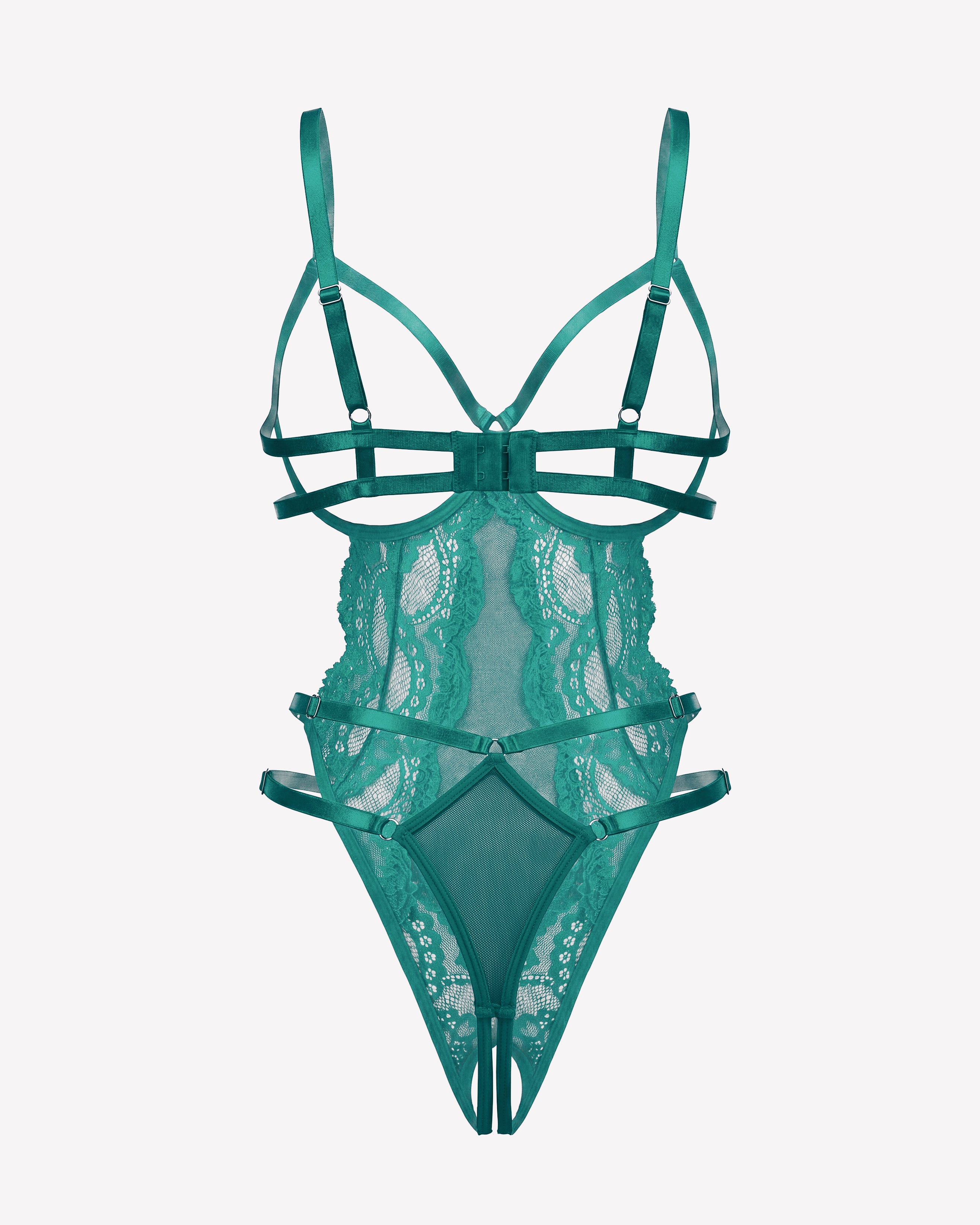 Green lace cut-out teddy bodysuit with crisscross strap detailing