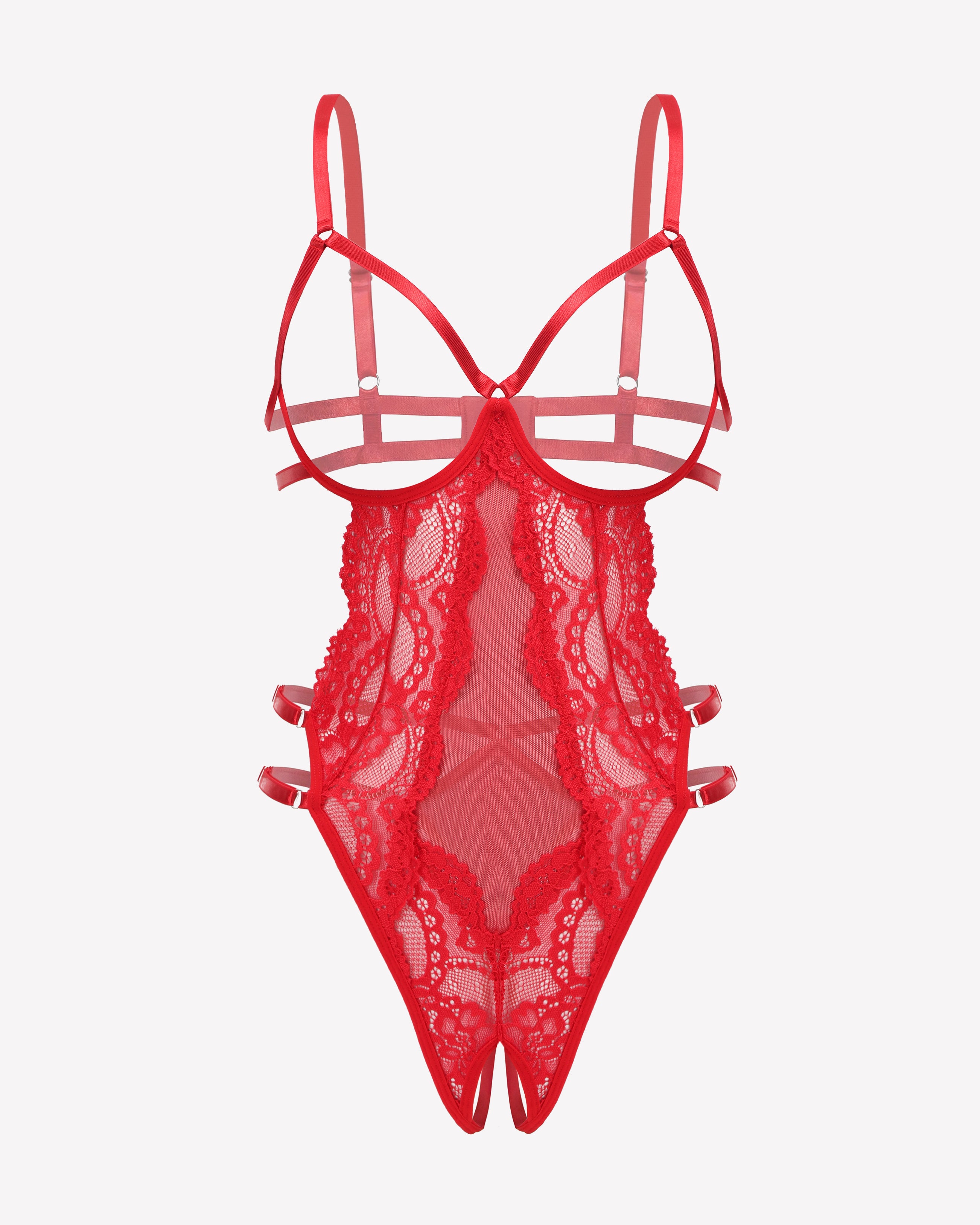 Red lace strappy cut-out teddy bodysuit with sheer side cutout panel