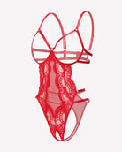 Red lace strappy cut-out teddy bodysuit with harness-style front straps