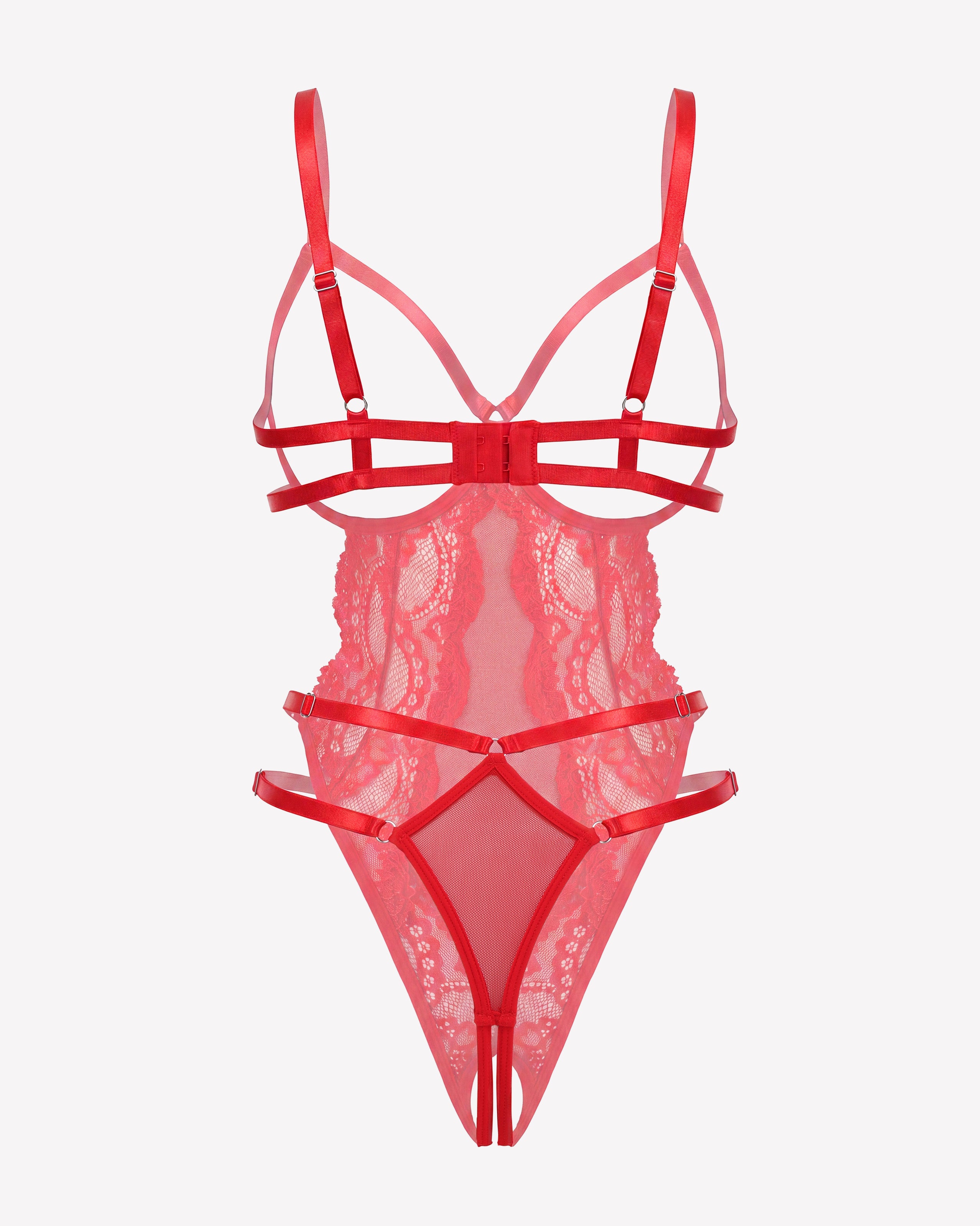 Red lace cut-out teddy bodysuit with layered sheer band at hips