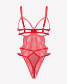 Red lace cut-out teddy bodysuit with layered sheer band at hips