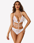 White lace halter teddy with V-neck cutout and crisscross front, matching bottom