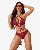 Wine red lace halter teddy with V-neck cutout and crisscross front, matching bottom