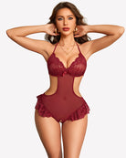 Burgundy sheer lace bodysuit with ruffled trim and cut-out sides, garter straps