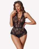 Lace halter teddy bodysuit with crisscross front straps, short peplum, and brief bottom.