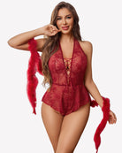 Red lace halter teddy bodysuit with lace-up front and backless design