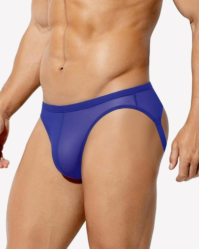 Blue breathable mesh jock strap thong underwear with wide elastic waistband