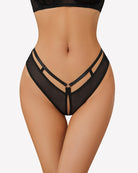Low-rise mesh cheeky panty in black with strappy bow-back design
