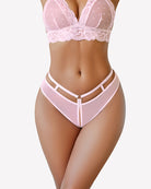 Low-rise mesh hipster panty in pale pink with lace trim and bow-back straps