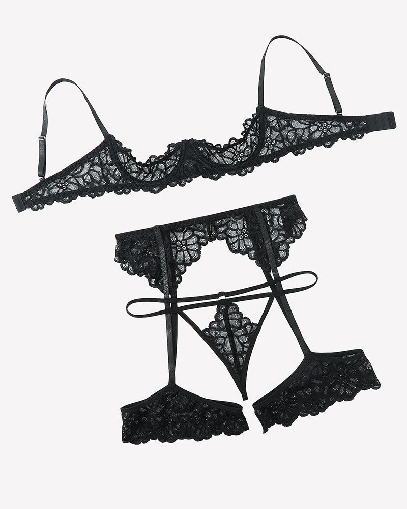 Black lace lingerie set with underwire bralette, thong, and garter belt