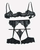 Black lace bralette and garter-belt thong set, three-piece with bow detailing