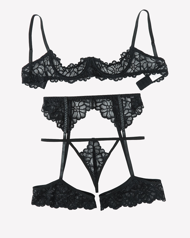 Black lace bralette and garter-belt thong set, three-piece with bow detailing