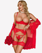 Red lace lingerie set with bra, garter belt, and matching robe