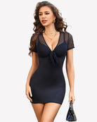 Dark sheer mesh mini dress with deep V-neck and tie-front detail