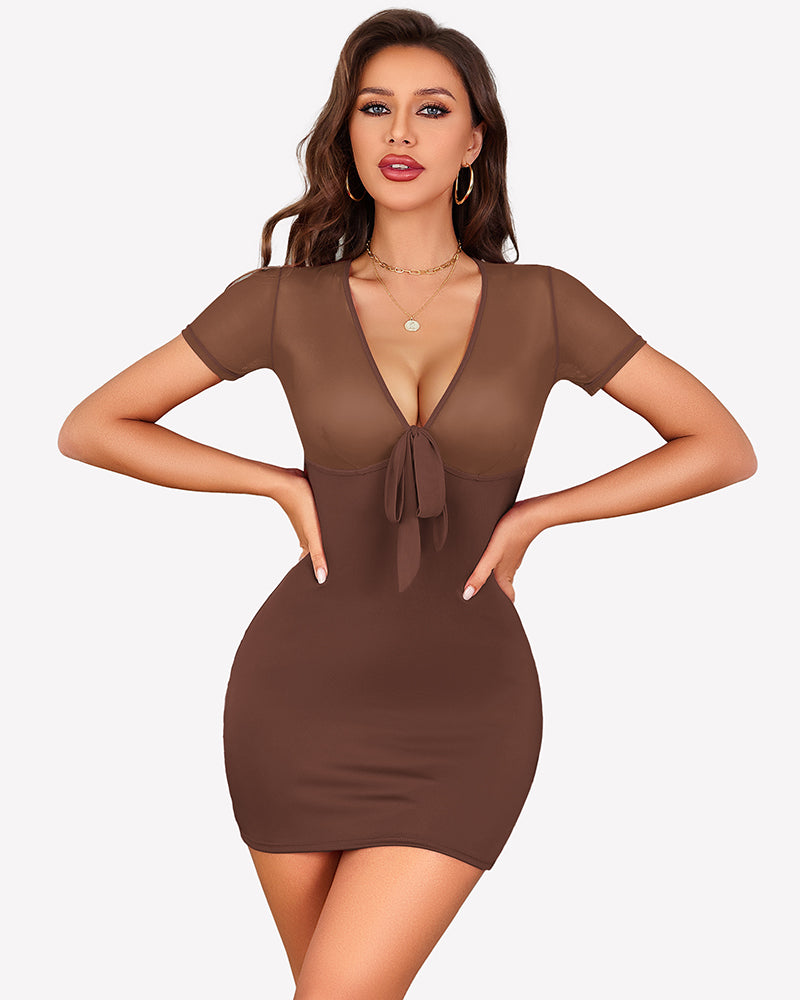 Brown sheer mesh mini dress with deep V-neck and bow tie-front