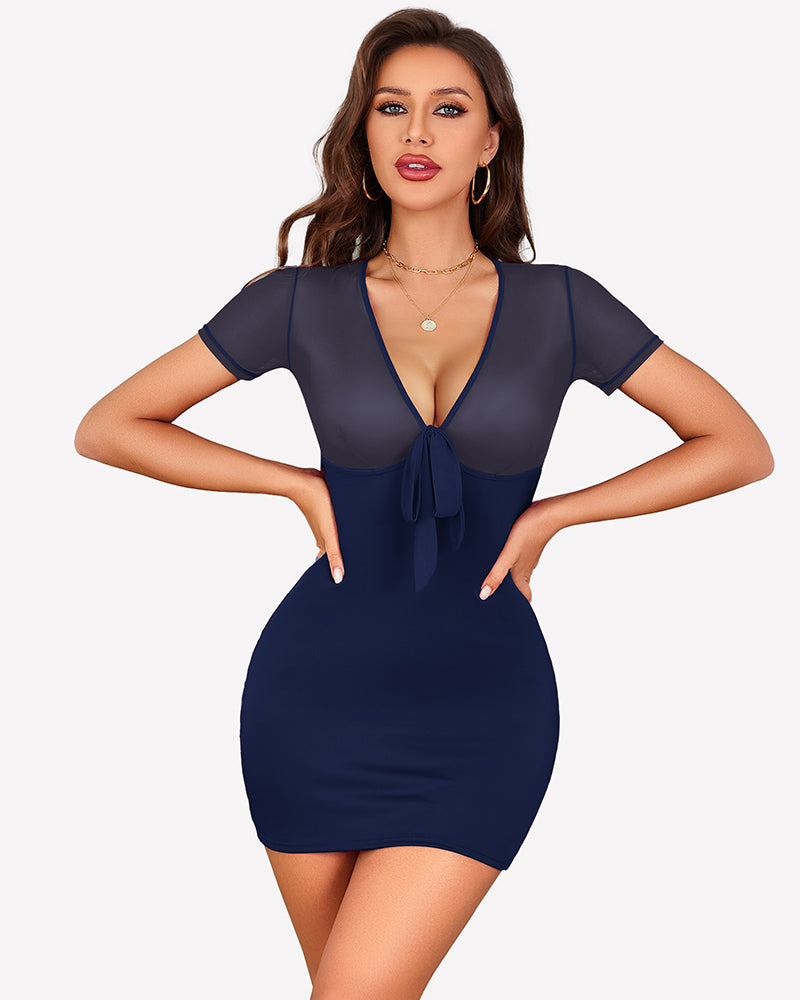 Navy sheer mesh mini dress with deep V-neck and bow tie-front