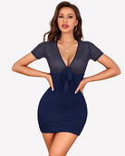 Navy sheer mesh mini dress with deep V-neck and bow tie-front