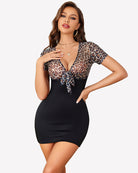 Leopard-print sheer mesh mini dress with deep V-neck and tie-front detail