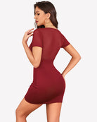 Burgundy sheer mesh bodycon mini dress with short sleeves and back drape