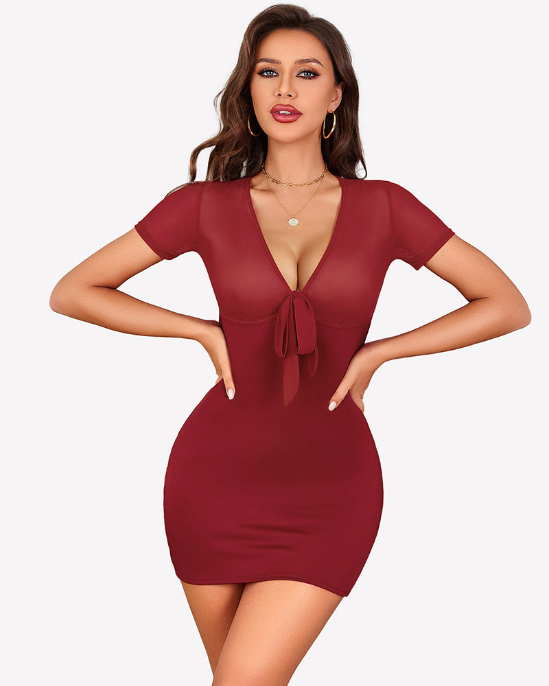 Wine red bodycon mini dress with deep V neckline and tied front