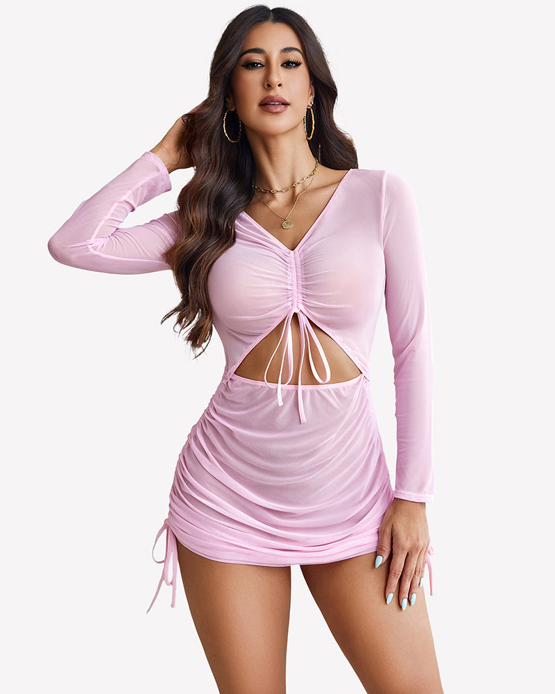 Pink mesh ruched mini dress with long sleeves, ruched drawstring neckline, bodycon fit