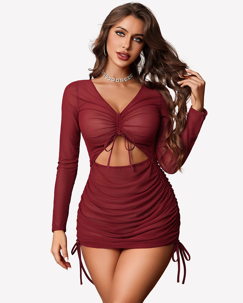 Wine red sheer mesh ruched mini dress with long sleeves, gathered neckline and side ties