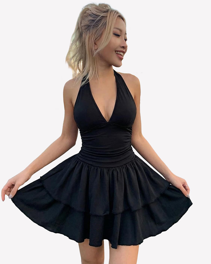 V-neck ruched mini dress in solid black with flared ruffle skirt