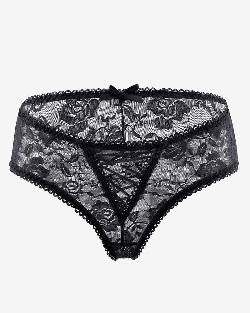 Black floral lace high-rise boyshort panties with triangle hollow-out front