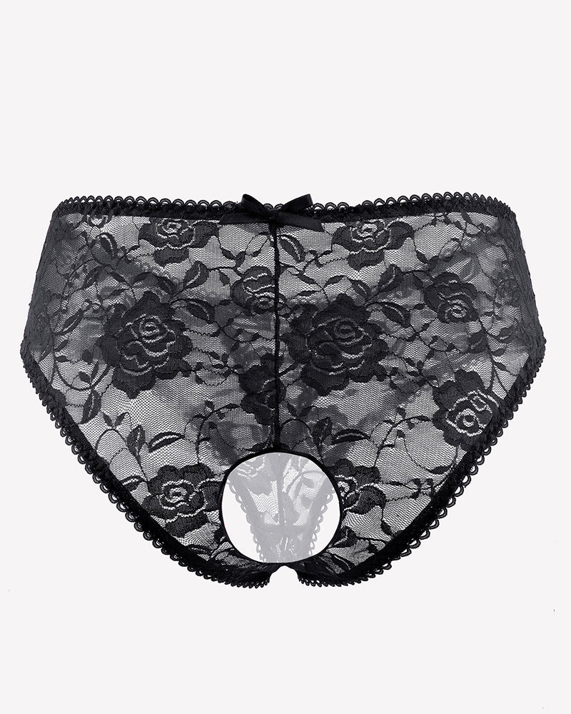 Black floral lace boyshort panties with lace waistband and hollow-out front
