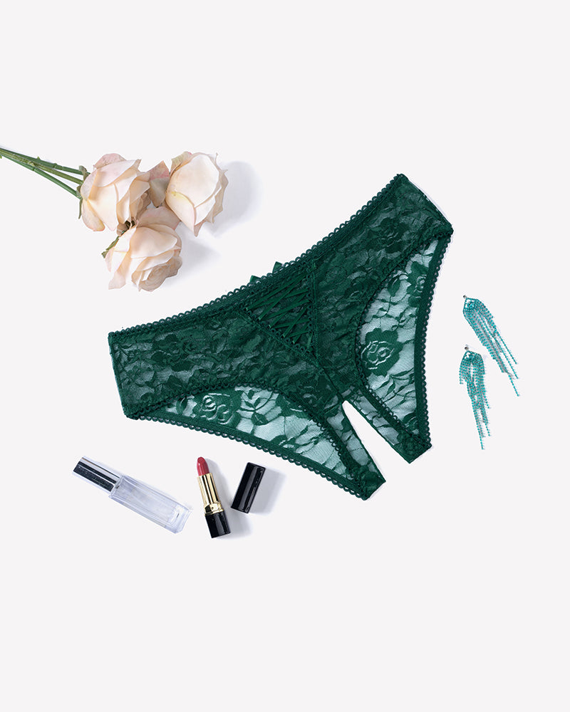 Green floral lace boyshort panties with triangle hollow-out front and lace trim
